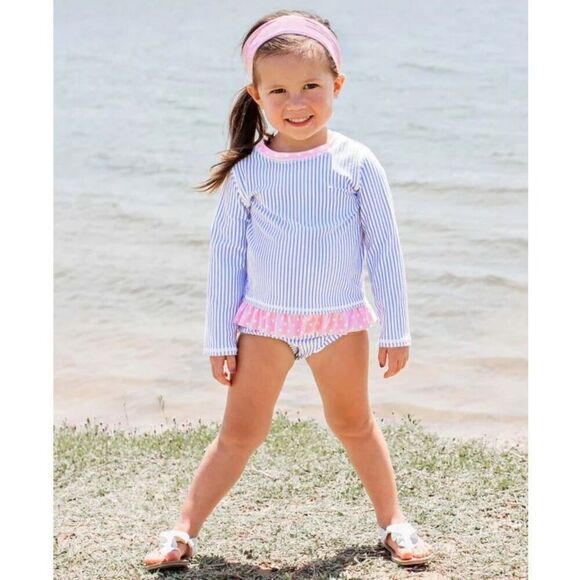 RuffleButts Toddler Girls Periwinkle Seersucker Long Sleeve Rash Guard Bikini Si - Picture 7 of 7